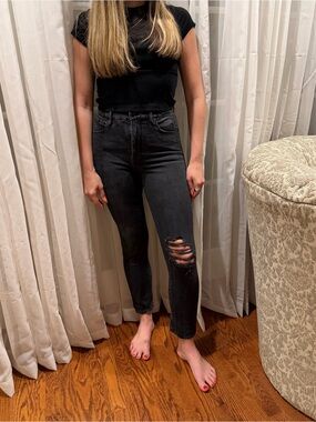 Good American Black High-Rise Distressed Cropped Jeans